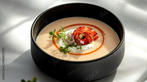 Fototapeta Naklejka Na Ścianę i Meble -  Lobster bisque in elegant black ceramic bowl with lobster medallion garnish and fresh microgreens on white linen