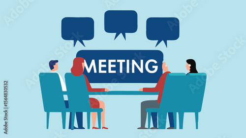 Illustration of a meeting with four people sitting around a table with speech bubbles overhead and meeting text