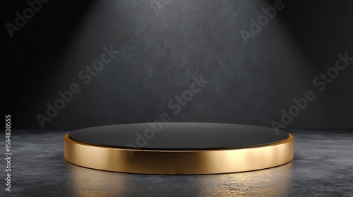High-quality photo of empty black gold 3d podium stage background with geometric presentation platform luxury pedestal or golden product stand display and premium round cosmetic.