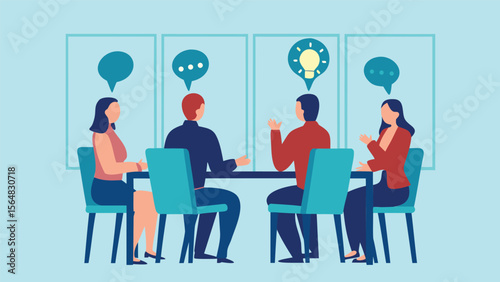 Four people sitting at a table with speech bubbles and a lightbulb in a light blue room