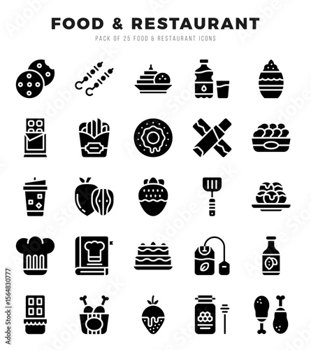 Vector Food and Restaurant types icon set in Glyph style. vector illustration.