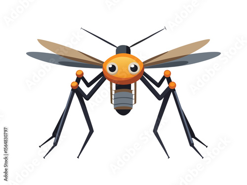 Whimsical cartoon robot mosquito with large eyes and delicate wings on a white background
