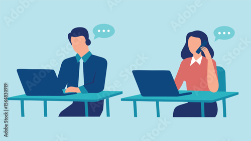 Illustration of two people working at desks one on a call and one with a headset at a laptop