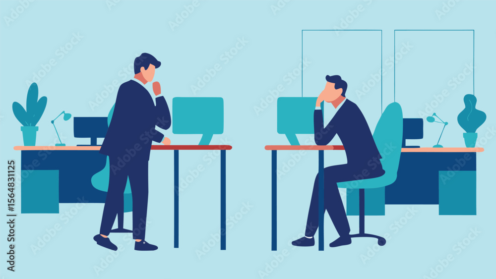 Fototapeta premium Two business men in office setting one standing and thinking the other seated and looking stressed