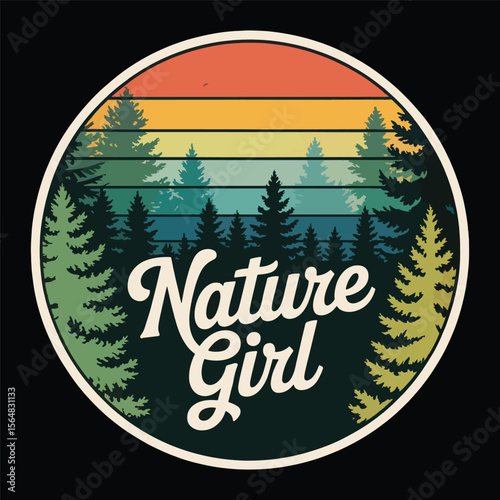 Retro sunset and trees with bold “Nature Girl” text for outdoor loving girls Vector illustration.
