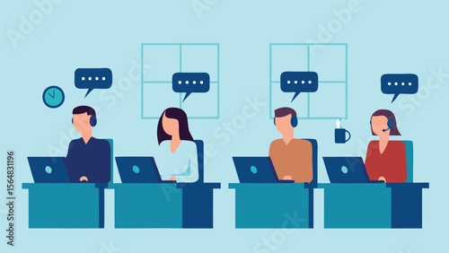 Illustration of four customer service representatives working at their desks with laptops and headsets