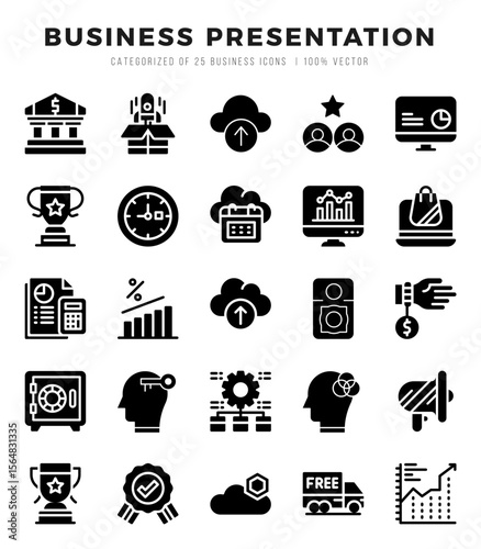 Business Presentation icons set. Collection of simple Glyph web icons.