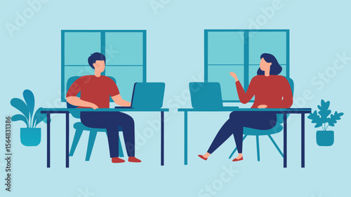 Illustration of a man and woman working on laptops in an office with plants and windows present