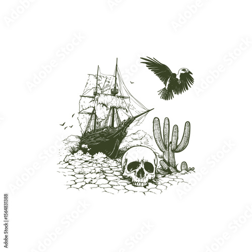 Shipwreck stranded in the desert design vector template illustration