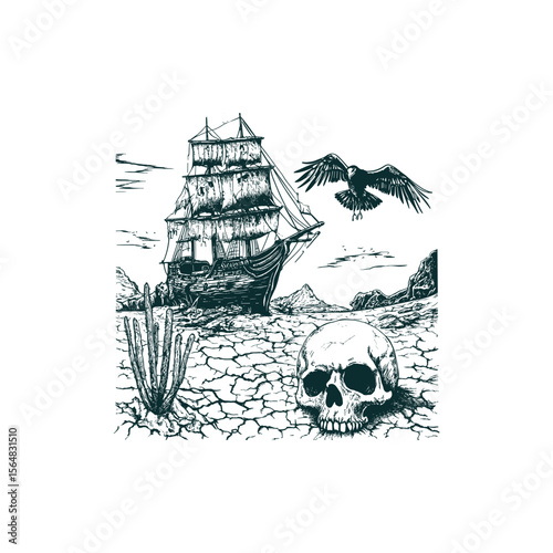 Shipwreck stranded in the desert design vector template illustration