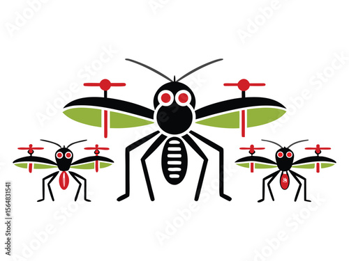 Stylized cartoon mosquitoes with drone propellers and rotors representing technological advancement
