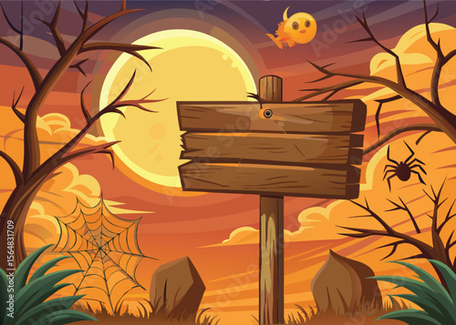 Spooky Halloween night with a full moon illuminating a cemetery silhouette, bats flying around a haunted tree, and scary pumpkins on a dark, illustrative background