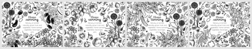 Vector set of vegetable preservation banners. Tomatoes, peppers, eggplants, pickles. Collection of canned food templates