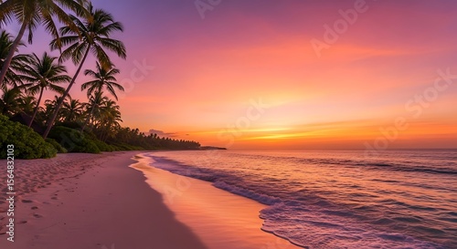 Fototapeta Naklejka Na Ścianę i Meble -  Beautiful caribbean beach sunset with palm trees and ocean waves for travel and vacation views