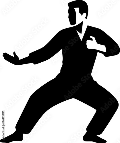 Black silhouette of a person performing silat move, minimalist style