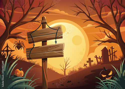 Spooky Halloween night with a full moon illuminating a cemetery silhouette, bats flying around a haunted tree, and scary pumpkins on a dark, illustrative background