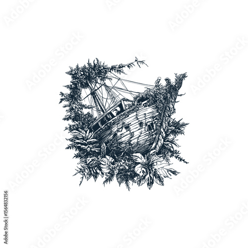 Shipwreck stranded in the desert design vector template illustration