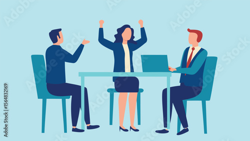 Three business people celebrate success around a table with a laptop in a light blue office