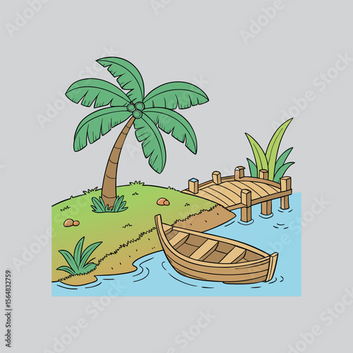 Cartoon illustration of a wooden boat docked at a tropical island with a palm tree
