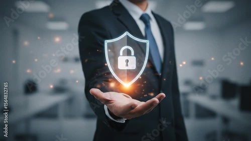 Cybersecurity and Data Protection: A Businessman's Hand Holding a Digital Shield with a Lock Icon, Symbolizing Secure Online Transactions and Safeguarding Confidential Information.