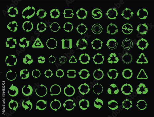 Collection of green recycling arrows and circular motion icons on black background