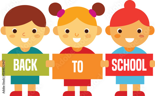 Vector art of three happy children holding a back to school sign isolated on transparent background