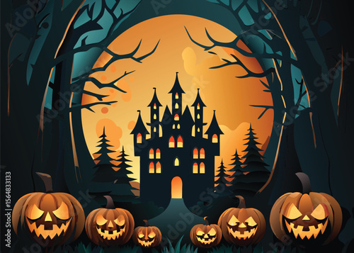 Spooky Halloween night background with pumpkins, bats, and a dark castle silhouette under an orange moon, perfect for a scary autumn celebration illustration