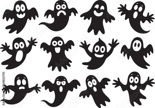 Cute Halloween Ghost silhouette bundle. Funny cartoon Halloween elements and spooky vector icons