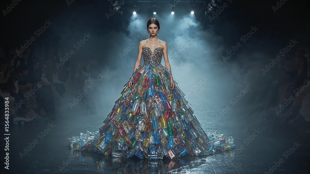 custom made wallpaper toronto digitalWoman in a gown made of recycled plastic bottles on a runway surrounded by smoke and stage lights