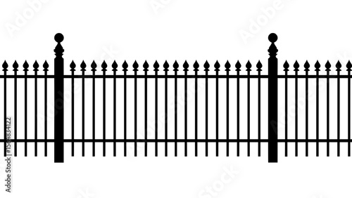 Black wrought iron fence with pointed tops on a transparent background