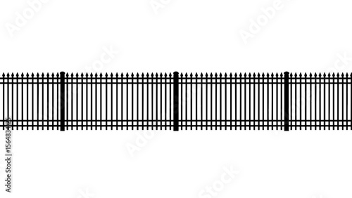 Black wrought iron fence with pointed tops on a transparent background