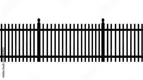 Black wrought iron fence with pointed tops on a transparent background