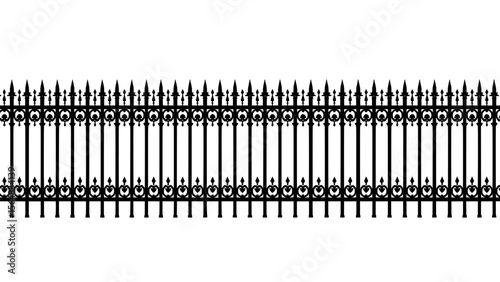 Black wrought iron fence with pointed tops on a transparent background