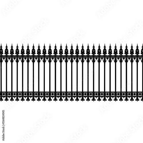 Black wrought iron fence with pointed tops on a transparent background