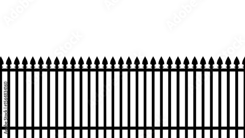 Black wrought iron fence with pointed tops on a transparent background