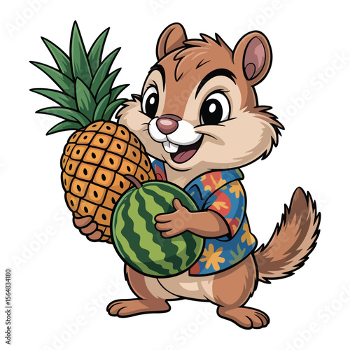 Adorable cartoon chipmunk holding a pineapple and watermelon in a tropical shirt vector illustration.