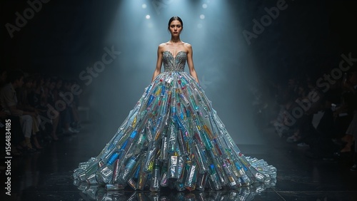 Wallpaper Mural Woman on runway wearing a gown made of plastic bottles with audience in the background under spotlights Torontodigital.ca