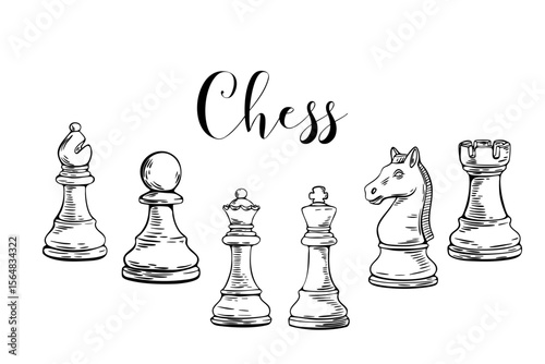 Chess sketch illustration with six classic game figures
