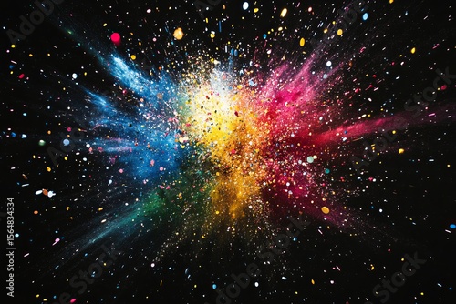 Vibrant colorful powder explosion on black background creating energetic abstract dynamic burst of creativity and joy