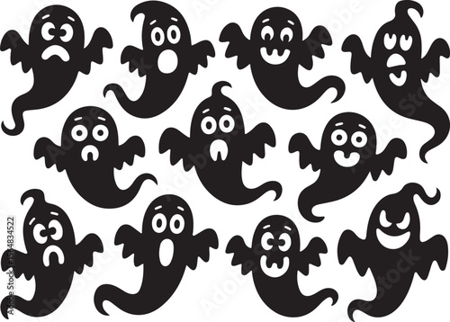 Cute Halloween Ghost silhouette bundle. Funny cartoon Halloween elements and spooky vector icons