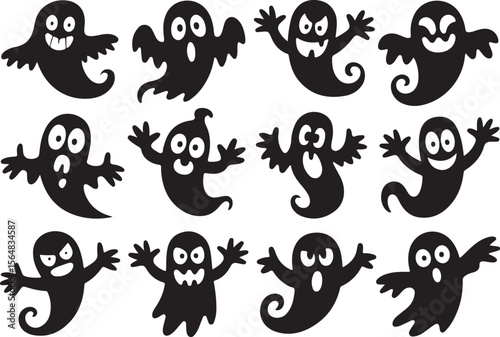 Cute Halloween Ghost silhouette bundle. Funny cartoon Halloween elements and spooky vector icons
