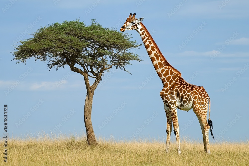 Fototapeta premium Graceful giraffe standing beside acacia tree on sunny savanna with clear blue sky creating peaceful majestic wildlife scene