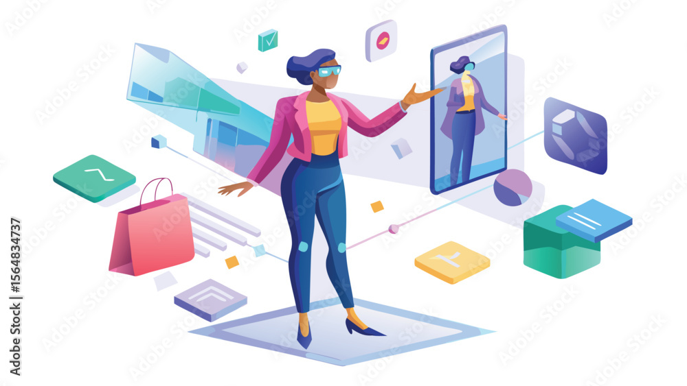 Woman wearing vr glasses interacting with digital interface and virtual mirror reflection view Woman wearing vr glasses interacting with digital interface and virtual mirror reflection view