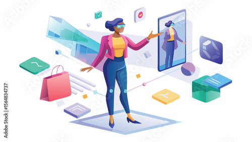 Woman wearing vr glasses interacting with digital interface and virtual mirror reflection view