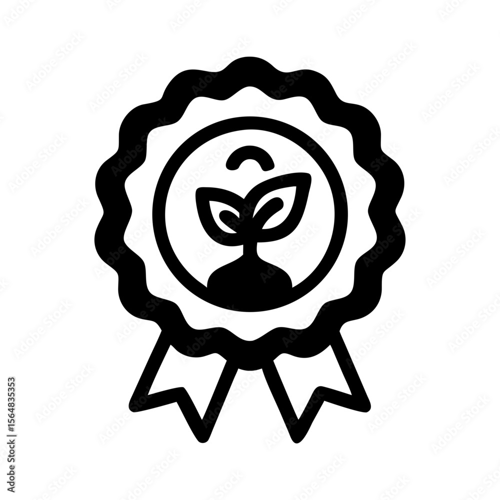 Fototapeta premium Organic certified seedling plant badge ribbon award eco friendly agriculture gardening growth icon vector