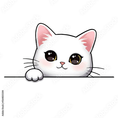 Cute White Cartoon Cat Peeking Over Border