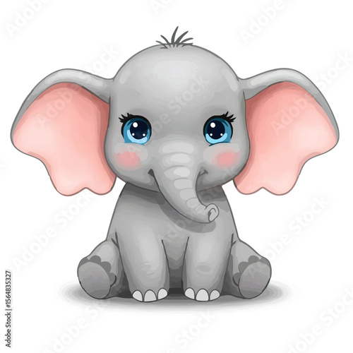 Cute Baby Elephant Cartoon Illustration Isolated on White