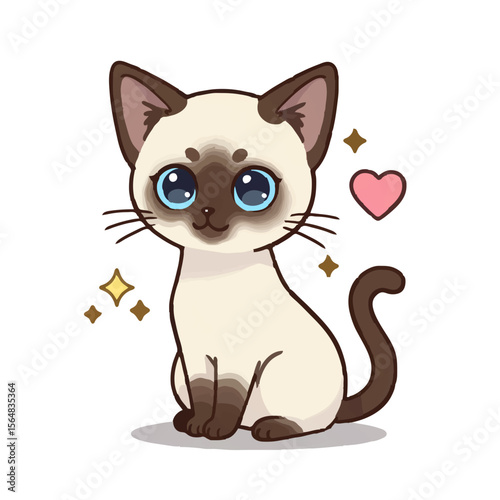 Cute Cartoon Siamese Cat Illustration Isolated on White Background with Heart and Sparkles