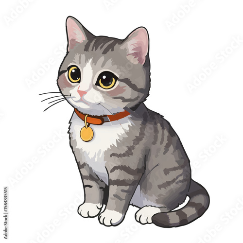 Cute Sitting Gray Tabby Kitten Illustration Isolated on White Background