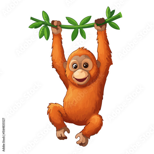 Cute Cartoon Orangutan Hanging from Branch Illustration